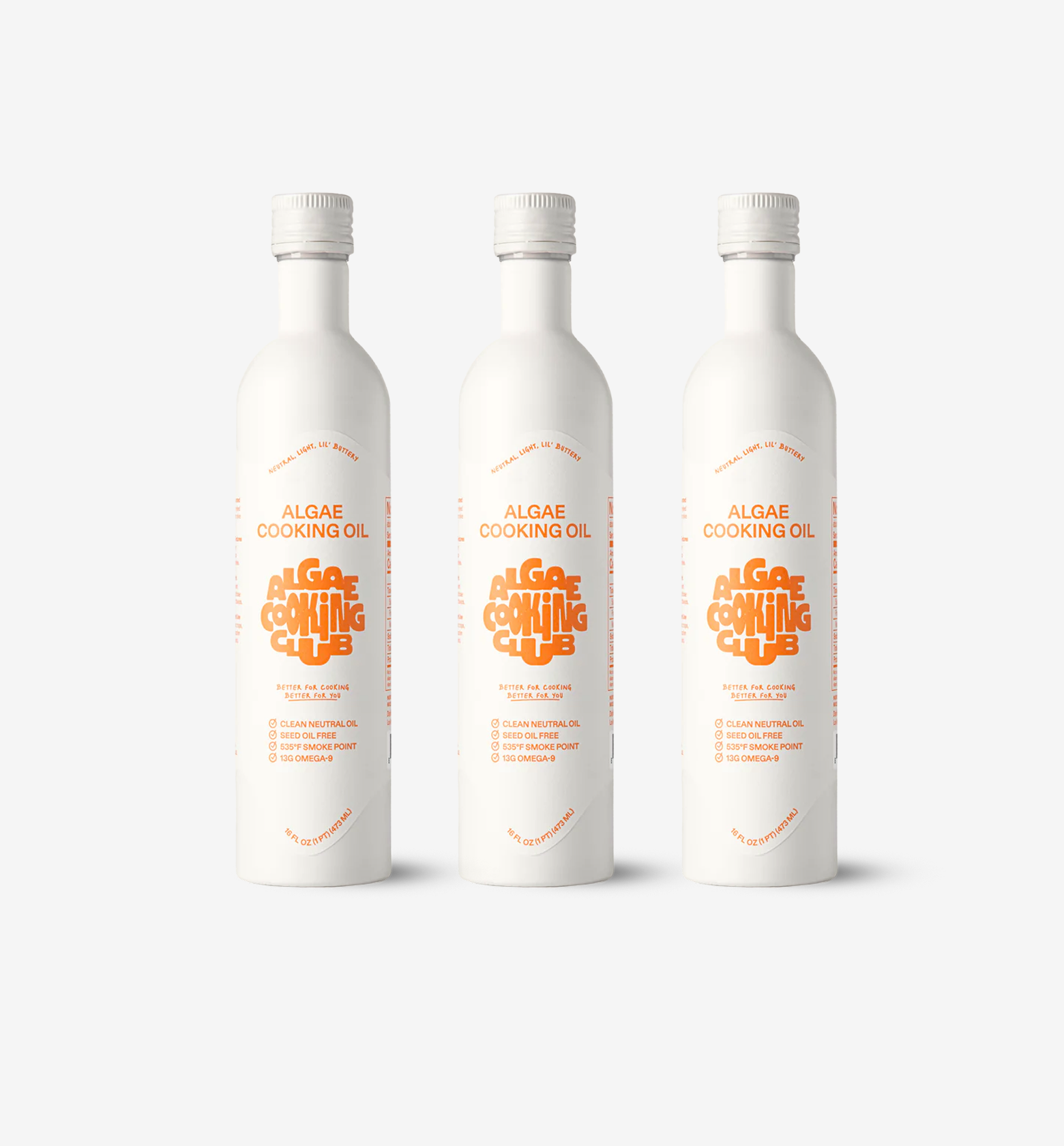 Algae Cooking Club algae cooking oil in white aluminum bottles, seed oil free with 535°F smoke point and 13g Omega-9