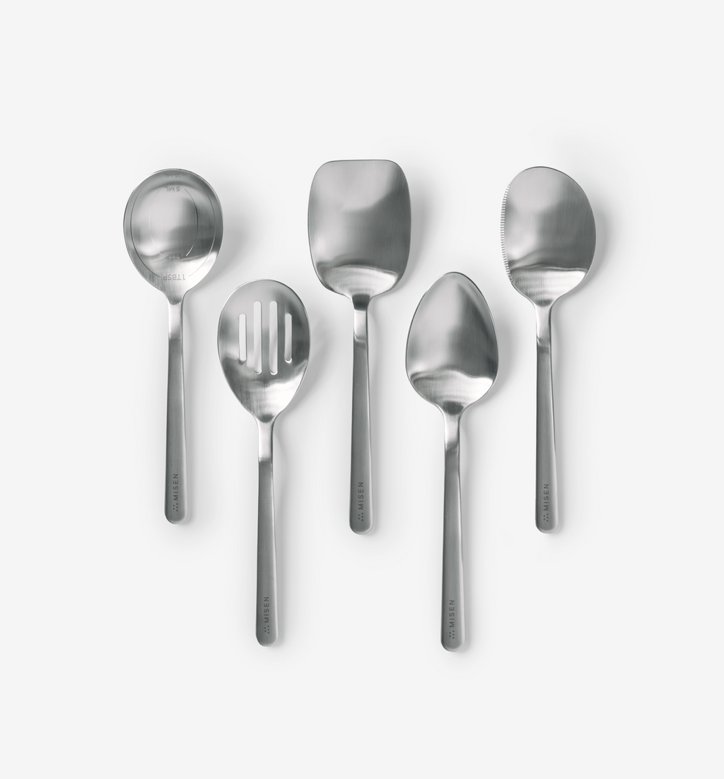 Misen 5-piece stainless steel kitchen utensil set with spoons, slotted spoon, and spatula