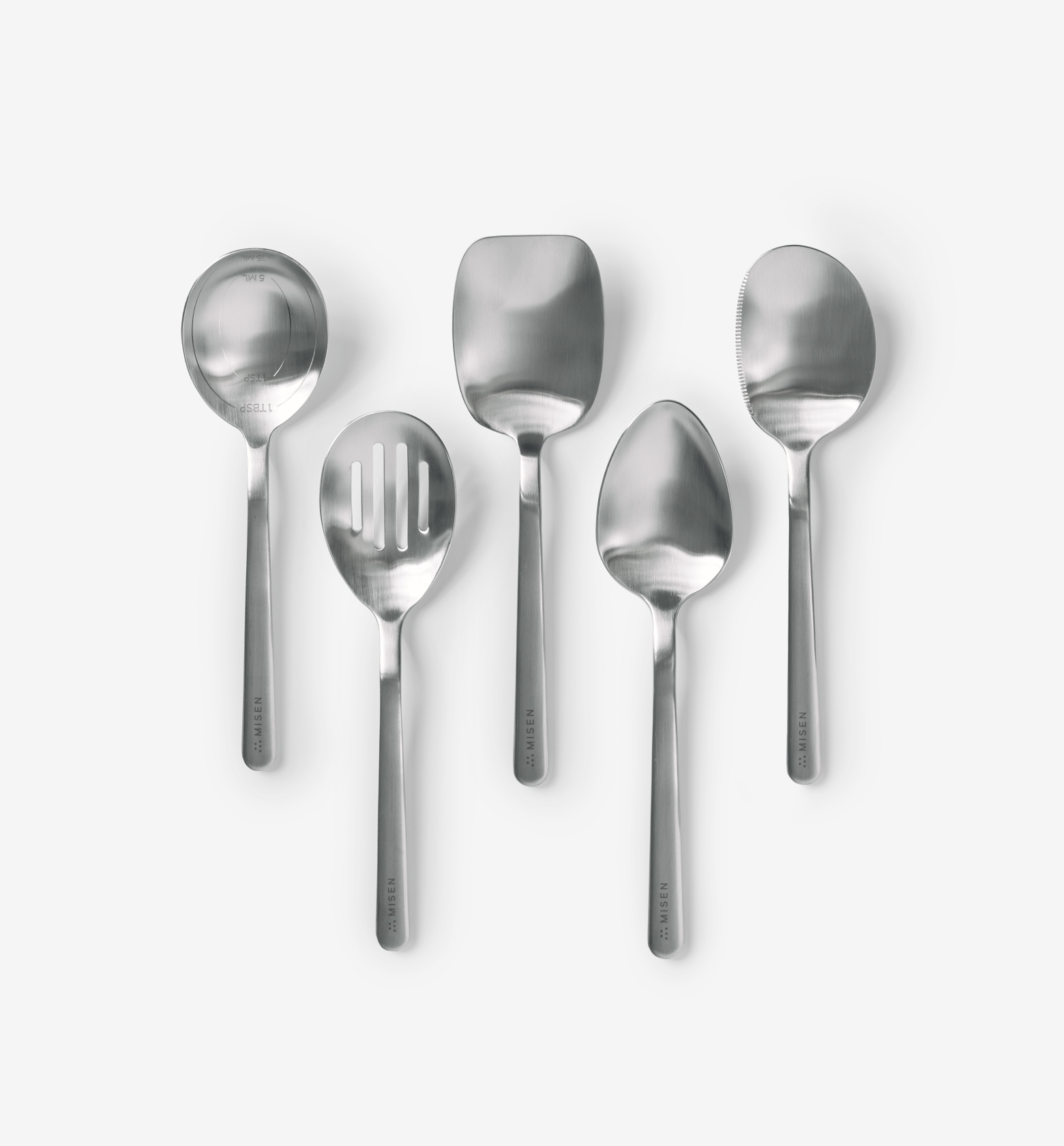 Misen 5-piece stainless steel kitchen utensil set with spoons, slotted spoon, and spatula