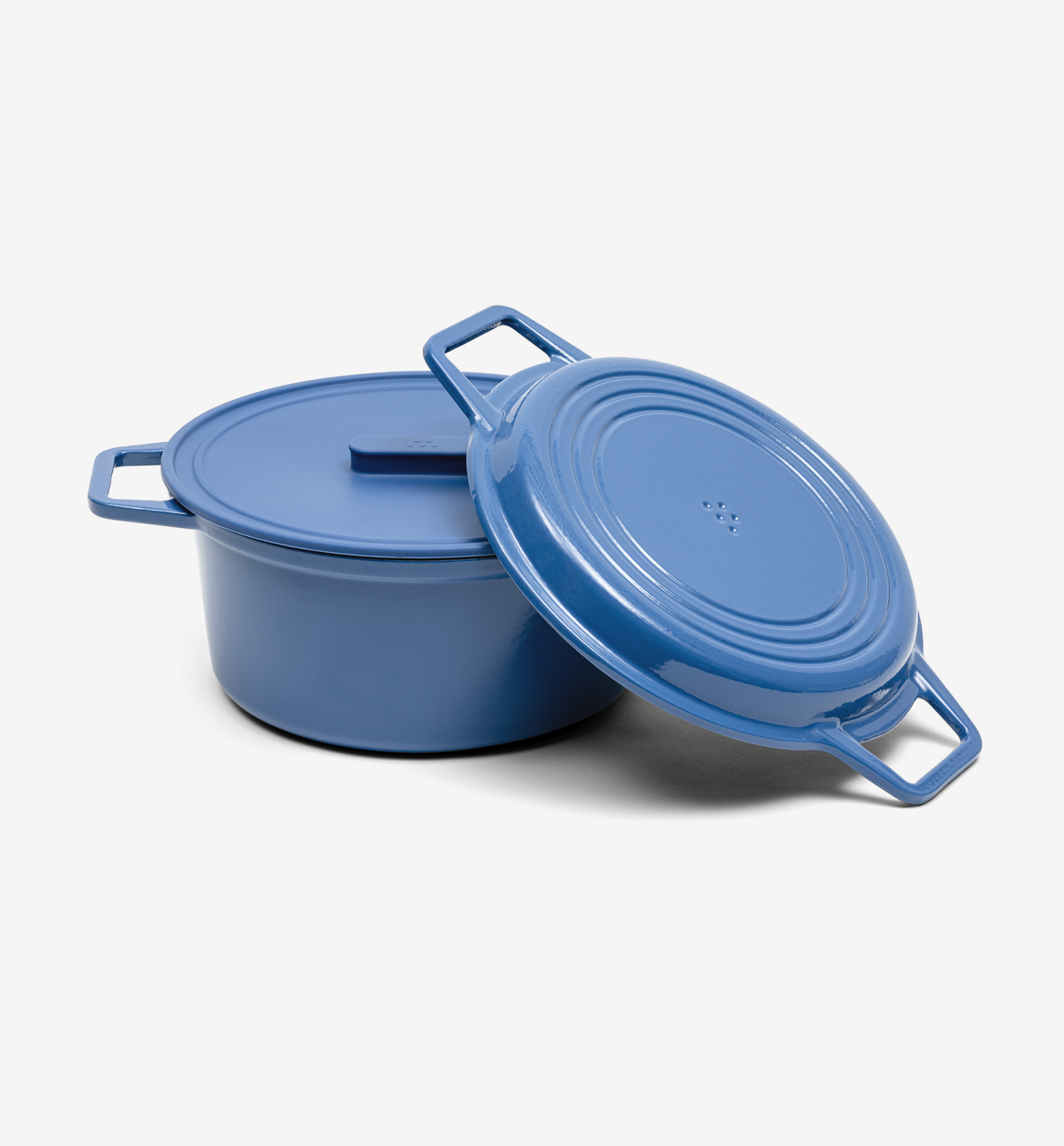 Blue enameled cast iron Dutch oven with lid, two side handles